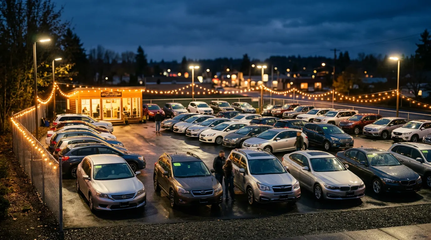 Independent dealership lot glowing under string lights at blue hour