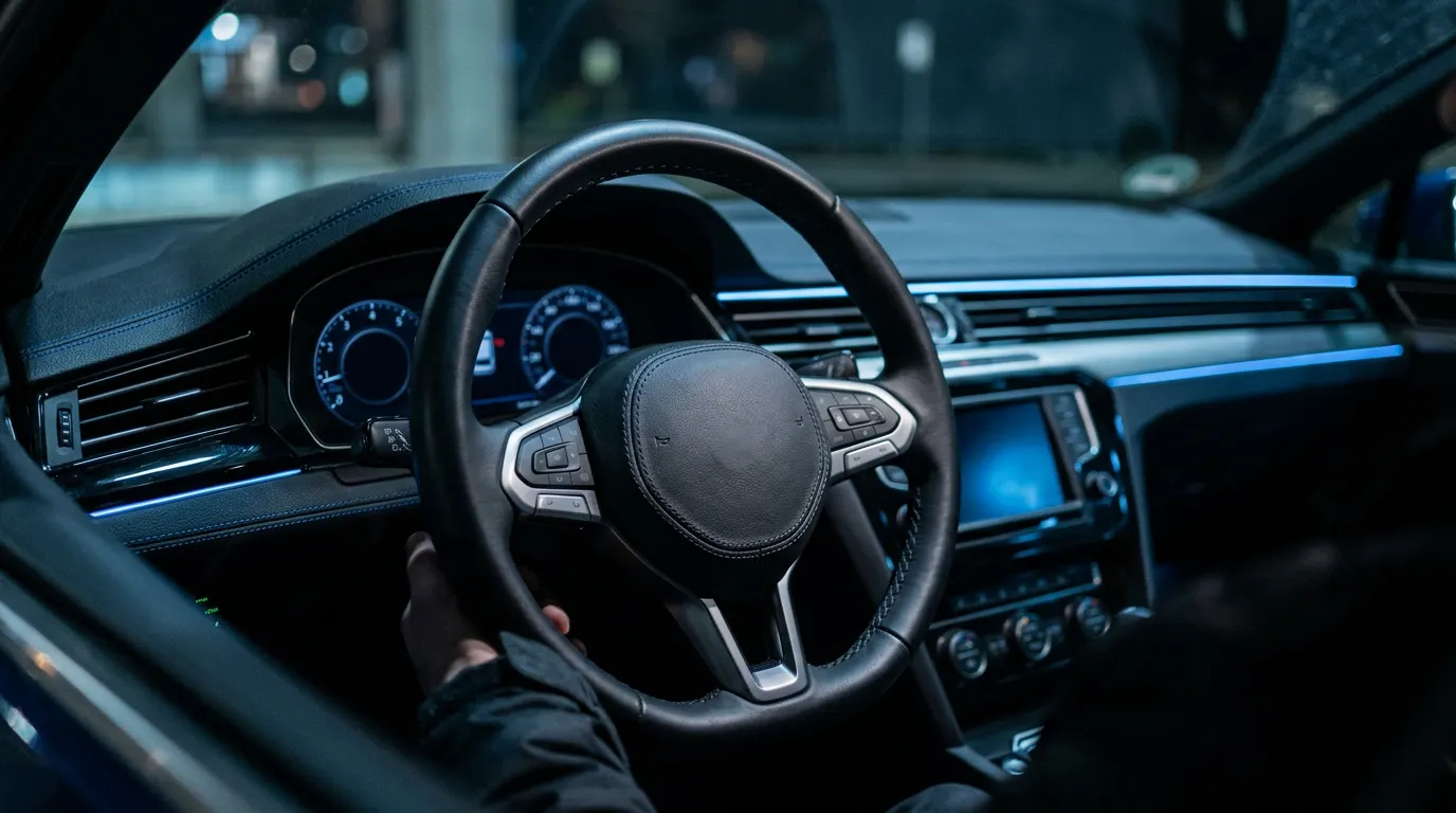 Car interior with stitched steering wheel in blue evening light