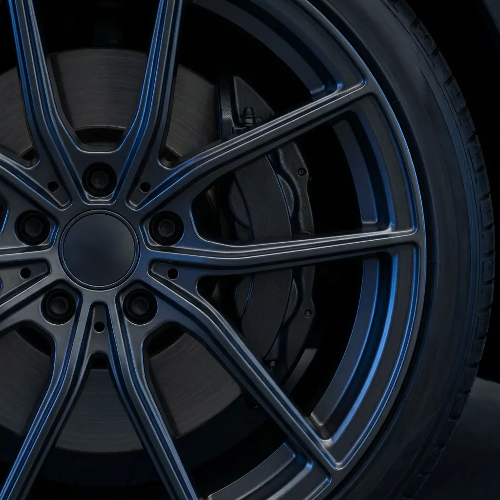 Close-up of a dark alloy wheel traced by blue studio light