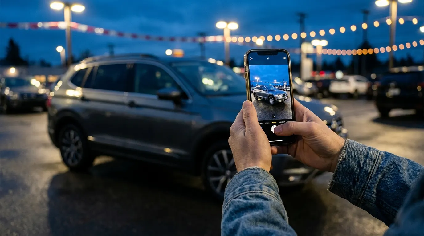 Photographing an SUV on a dealership lot at dusk with a phone