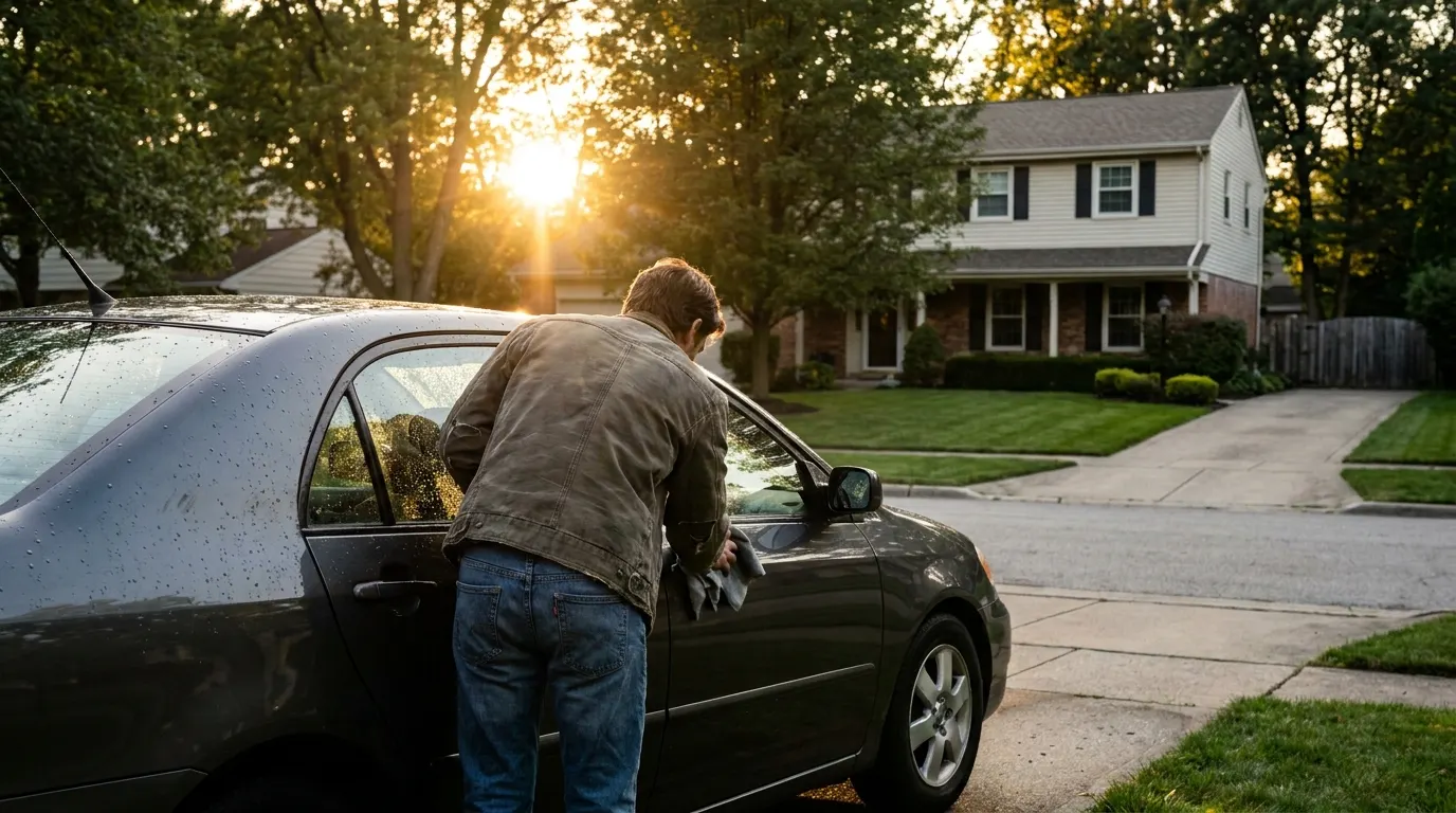 Private seller detailing a freshly washed sedan at golden hour