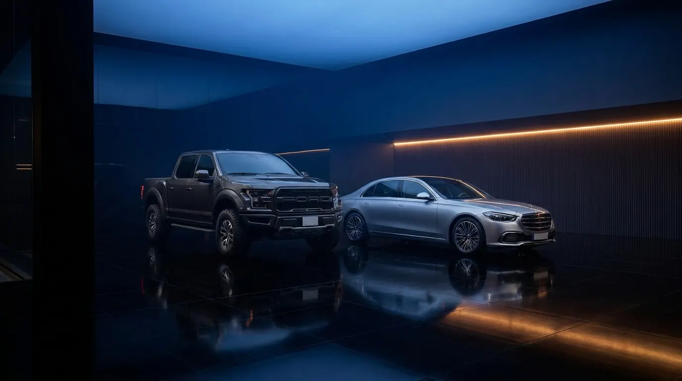 Truck and sedan side by side in a dark showroom